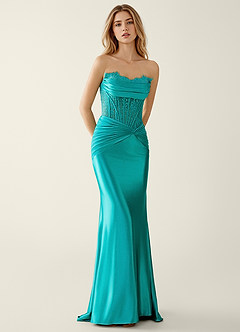 Sasha Peacock Blue Satin Wrap Corset Mermaid Prom Dress image3