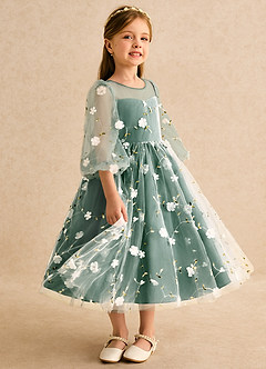 Azazie Elowen vestidos de niña de las flores Vestido Verde Oscuro de Encaje de Línea A con Escote corazón image4