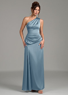 Azazie Zahira Bridesmaid Dresses Dusty Blue Sheath One Shoulder Stretch Satin Dress image4