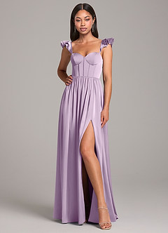 Azazie Denisse Bridesmaid Dresses Frosted Lilac A-Line Ruched Stretch Satin Dress image4