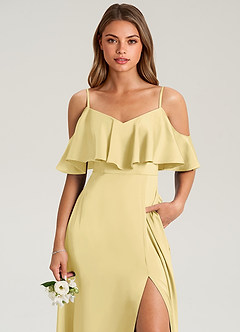 Azazie Jean Bridesmaid Dresses Lemon Sorbet A-Line Off the Shoulder Stretch Satin Dress image6