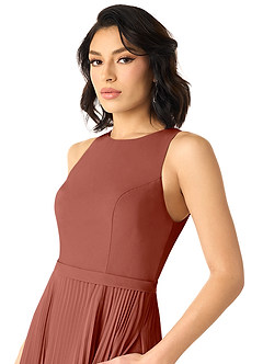 Azazie Lindie Robes de demoiselle d'honneur Robe Trapèze en Mousseline de soie Plissé à encolure dégagée Auburn image4