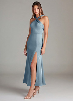 Azazie Rue 신부 들러리 드레스 인어 주름진 스트레치 새틴 발목 길이 드레스 image4