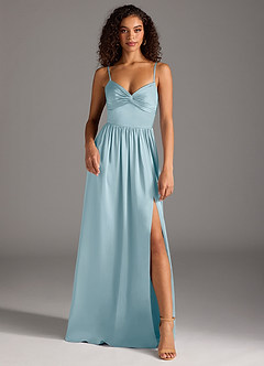 Azazie Zeya Robes de demoiselle d'honneur Robe Trapèze en Satin extensible Plissée Bleu Maussade image2
