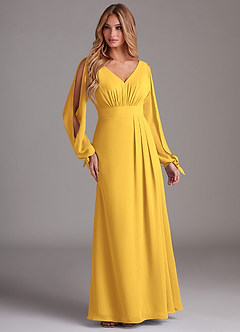 Azazie Matilda Bridesmaid Dresses Marigold A-Line Long Sleeve Chiffon Dress image4