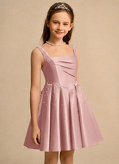 Azazie Jello Girls Formal Final Sale Dusty Blue Ball-Gown Pleated Matte Satin Dress image3