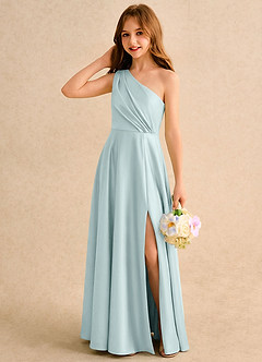 Azazie Puddles Girls Formal Flower Girl Dresses Mist A-Line One Shoulder Stretch Satin Dress image3