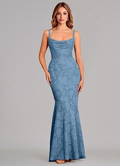 Azazie Aubrey Abiti da Damigella Abito Sirena in Burnout Floreale Fiocco Blu Acciaio image1