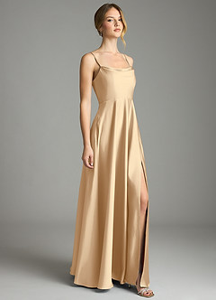 Azazie Elle Bridesmaid Dresses Champagne A-Line Pleated Stretch Satin Dress image4