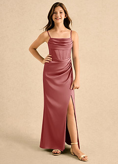 Azazie Lexy Girls Formal Robe Demoiselle D'honneur Fillette Robe Trapèze en Satin extensible Plissé Antique Rose image1