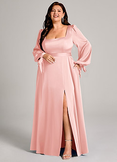 Azazie Leonia Bridesmaid Dresses Powder Pink A-Line Long Sleeve Stretch Satin Dress image8