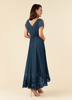 Azazie Palana At-home Try On Dresses Dusty Blue A-Line Lace Chiffon Dress image6