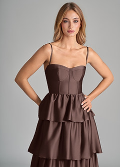Azazie Faye Bridesmaid Dresses Ganache A-Line Ruched Stretch Satin Dress image2