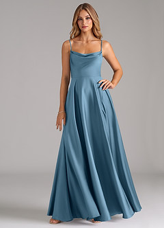 Azazie Elle Bridesmaid Dresses Steel Blue A-Line Pleated Stretch Satin Dress image1