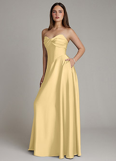 Azazie Meleena Robes de demoiselle d'honneur Robe Trapèze en Satin extensible Sans bretelles Beurre image6