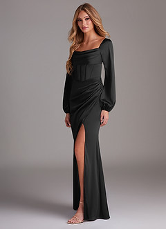 Azazie Charissa Bridesmaid Dresses Black Sheath Long Sleeve Stretch Satin Dress image5