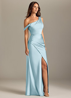 Azazie Madelyn Bridesmaid Dresses Sky Blue Mermaid Off the Shoulder Stretch Satin Convertible Dress image4