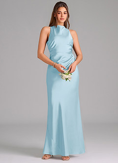 Azazie Evadne Bridesmaid Dresses Sky Blue A-Line Pleated Stretch Satin Dress image6