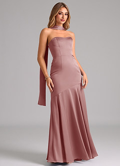 Azazie Shiloh Vestidos de damas de honor Vestido de Rosa Polvorienta de Satén Elástico de Corte Sirena Convertible con Sin tirantes image3
