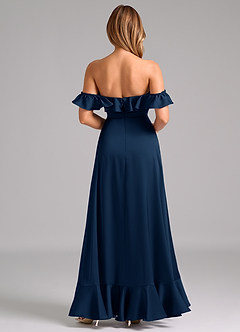 Azazie Lyra Bridesmaid Dresses Dark Navy A-Line Off the Shoulder Stretch Satin Convertible Dress image6