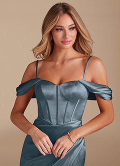 Azazie Asha Jurken voor bruidsmeisjes Jurk van Metaalachtig Satijn met Kolom Off the Shoulder Schemering image2