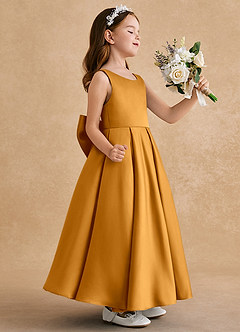 Azazie Honey Bear Flower Girl Dresses Butterscotch A-Line Pleated Matte Satin Dress image2