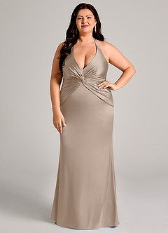 Azazie Valerie Bridesmaid Dresses Taupe Mermaid Pleated Stretch Satin Dress image2