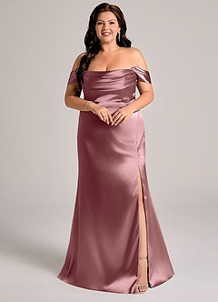 Azazie Saige Bridesmaid Dresses Vintage Mauve Sheath Off the Shoulder Metallic Satin Convertible Dress image9