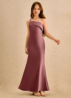 Azazie Almond Girls Formal Sukienki dla dziewczynek sypiących kwiaty Osłona Jedno ramię Satyna elastyczna Długość podłogi Sukienka image6
