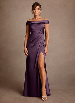 Azazie Bedford Mother of the Bride Dresses Plum Sheath Pleated Stretch Satin Dress image1