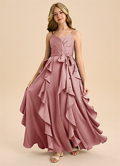 Azazie Peyton Junior Robe Trapèze en Satin extensible Plissée Rose Poussiéreuse image5