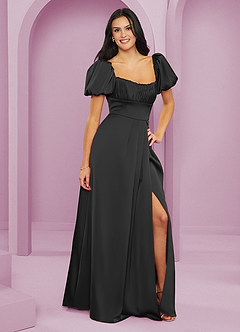 Barbie ♥ Azazie Bridesmaid Dresses Black A-Line Ruched Stretch Satin Dress image4