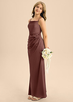 Azazie Renna Junior Espresso A-Line Pleated Stretch Satin Dress image3