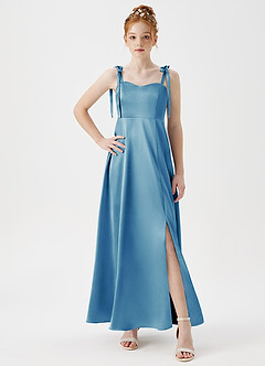 Azazie Rosey Junior Vestido de Azul Acero de Satén Metálico de Corte En A con Escote de Corazón image5