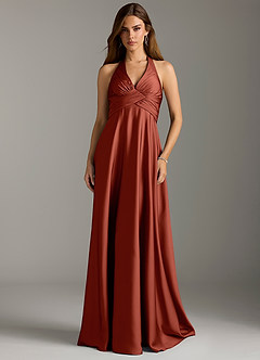Azazie Tessie Bridesmaid Dresses Terracotta A-Line Pleated Stretch Satin Dress image3