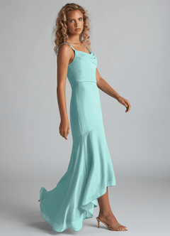 Azazie Summer Bridesmaid Dresses Aqua Mermaid Scoop Cowl Chiffon Dress image3