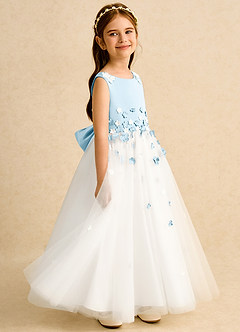 Azazie Eleni Flower Girl Dresses Ivory Sky Blue Ball-Gown Bow Tulle Dress image5