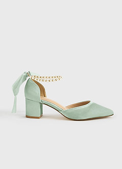 Matching Color Matte Satin Pearl and Bow Pointed Toe Block Heels