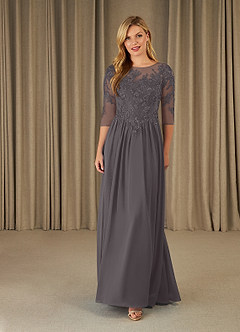 Azazie Mirielle Mother of the Bride Dresses Steel Grey A-Line Scoop Lace Chiffon Dress image1