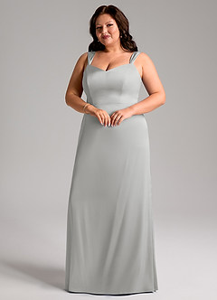 Azazie Denice Vestidos de damas de honor Vestido de Plata de Satén Elástico de Corte Recto con Plisado image6