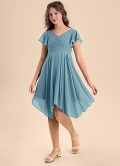 Azazie Janeaurelia Junior Abito A-Line in Chiffon Plissettato Blu Lunatico image3