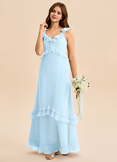 Azazie Tavie Junior Vestido de Azul Cielo de Gasa de Corte en A con Volante image5