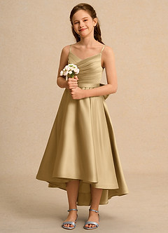 Azazie Sweets Girls Formal Flower Girl Dresses Gold A-Line Pleated Matte Satin Dress image1