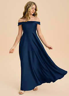 Azazie Sissy Junior Dark Navy A-Line Off the Shoulder Stretch Satin Dress image5