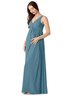 Azazie Yetta Zwangerschaps Bruidsmeisjekleding A-Lijn Gerimpelde V-hals Chiffon Vloerlengte Jurk image4
