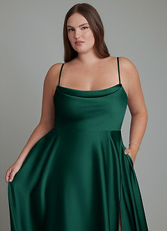 Azazie Elle Bridesmaid Dresses Emerald A-Line Pleated Stretch Satin Dress image10