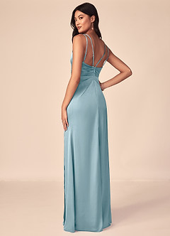 Azazie Aqua Bridesmaid Dresses Moody Blue A-Line V-Neck Pleated Stretch Satin Dress image5
