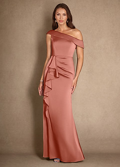 Azazie Hamptons Mother of the Bride Dresses Salmon Pink A-Line Pleated Stretch Satin Dress image4