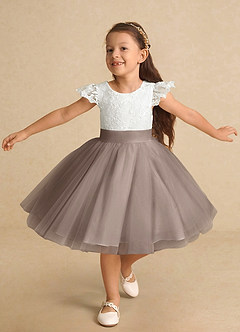 Azazie Vetty Flower Girl Dresses Ivory Taupe A-Line Lace Tulle Dress image5