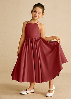 Azazie Sunray Flower Girl Dresses Rust A-Line Spaghetti Strap Matte Satin Dress image2
